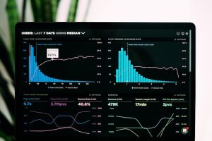 A laptop screen showing four data visualization charts in different colors against a black background.